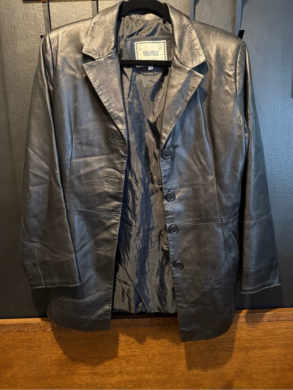 Vera Pelle Black Leather Pea Coat